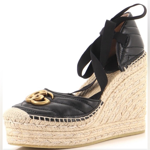 Brand New. Gucci Nappa Matelasse GG Ankle Wrap Platform Espadrille Wedges - Picture 1 of 2